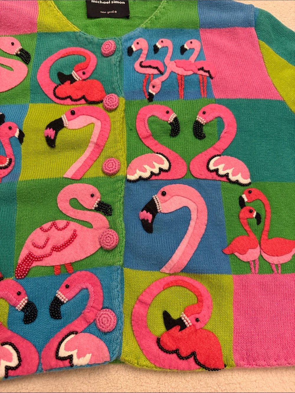 Michael Simon colorful vintage 1999 Flamingo knit sweater cardigan size L - Picture 11 of 15